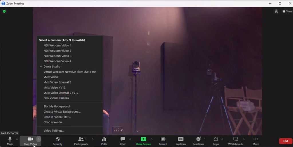 Using Dante Studio Webcam in Zoom