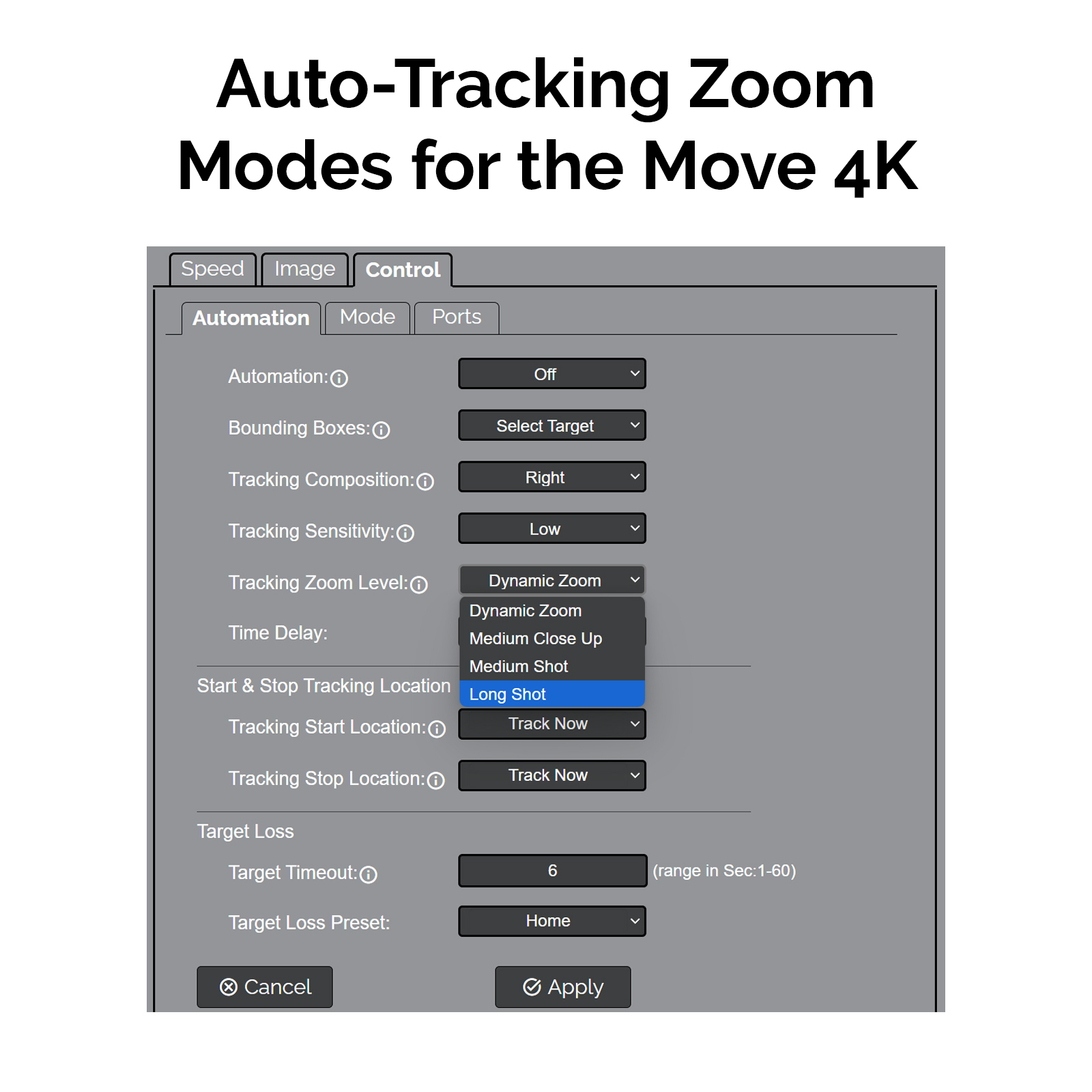 Auto-Tracking Zoom Modes for the Move 4K