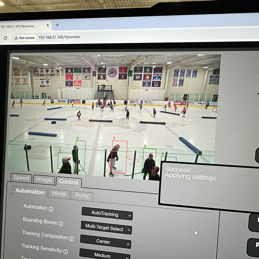 PTZOptics Web UI using advanced auto-tracking features in a hockey game