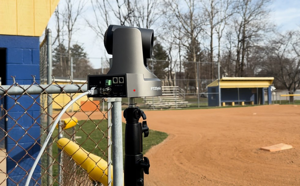 PTZ camera looking over baseball field, side angle