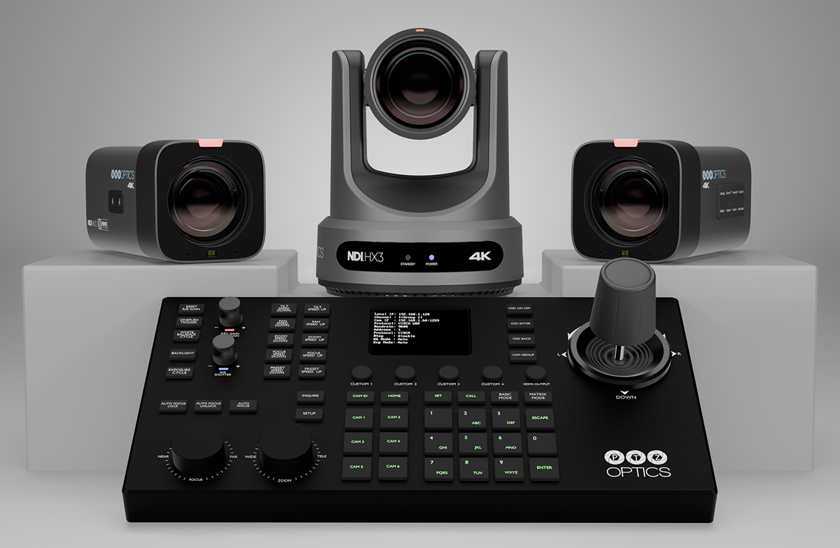 PTZOptics Action Bundle featuring 2 Studio 4K cameras, a Move 4K camera, and a SuperJoy joystick