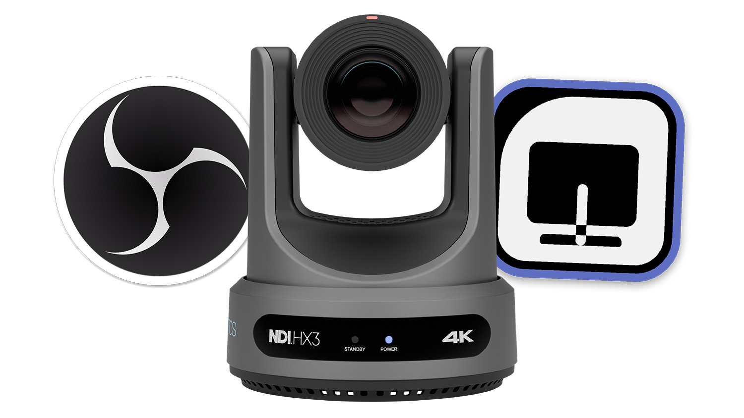 PTZOptics Move 4K camera featuring OBS and NDI Studio Monitor logos