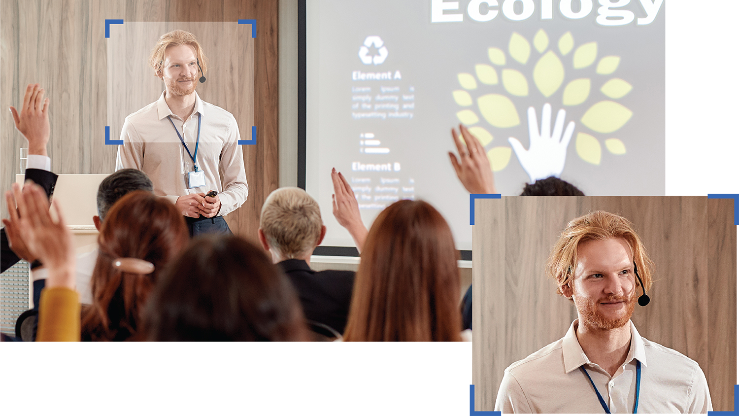 image of teacher in classroom with zoom box around teacher's head