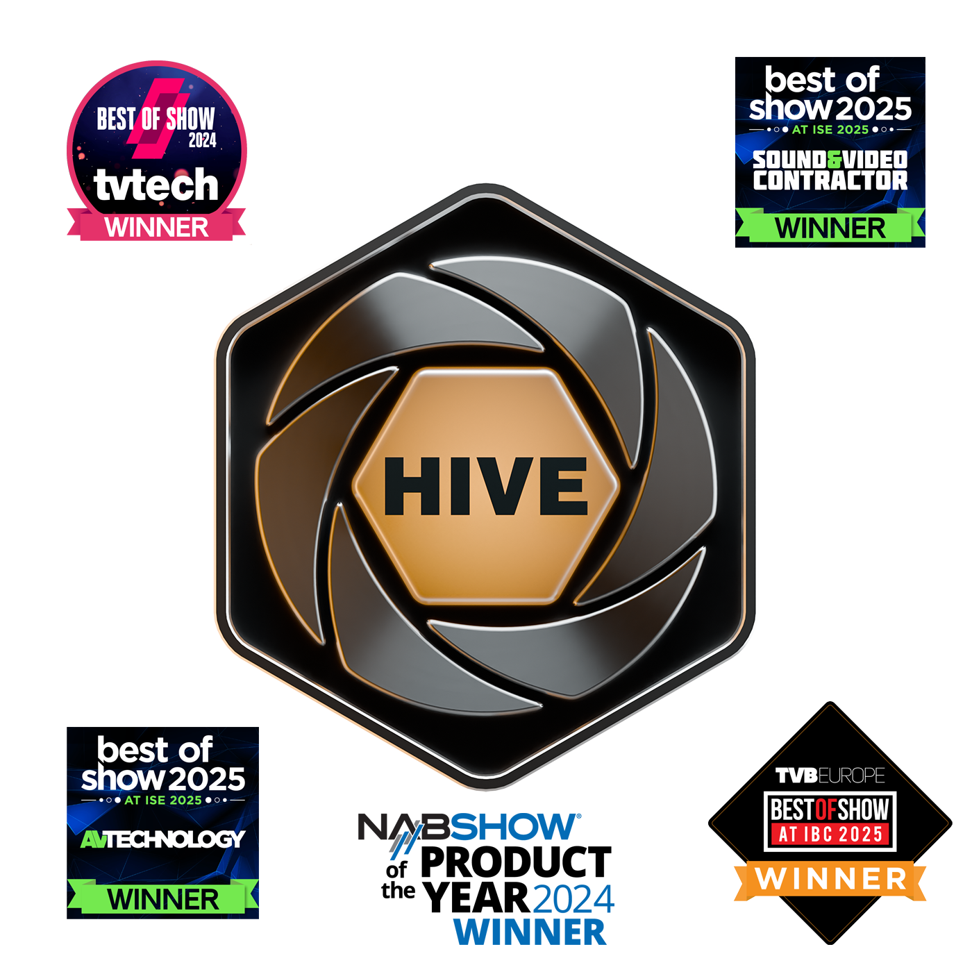 Hive logo with awards badges