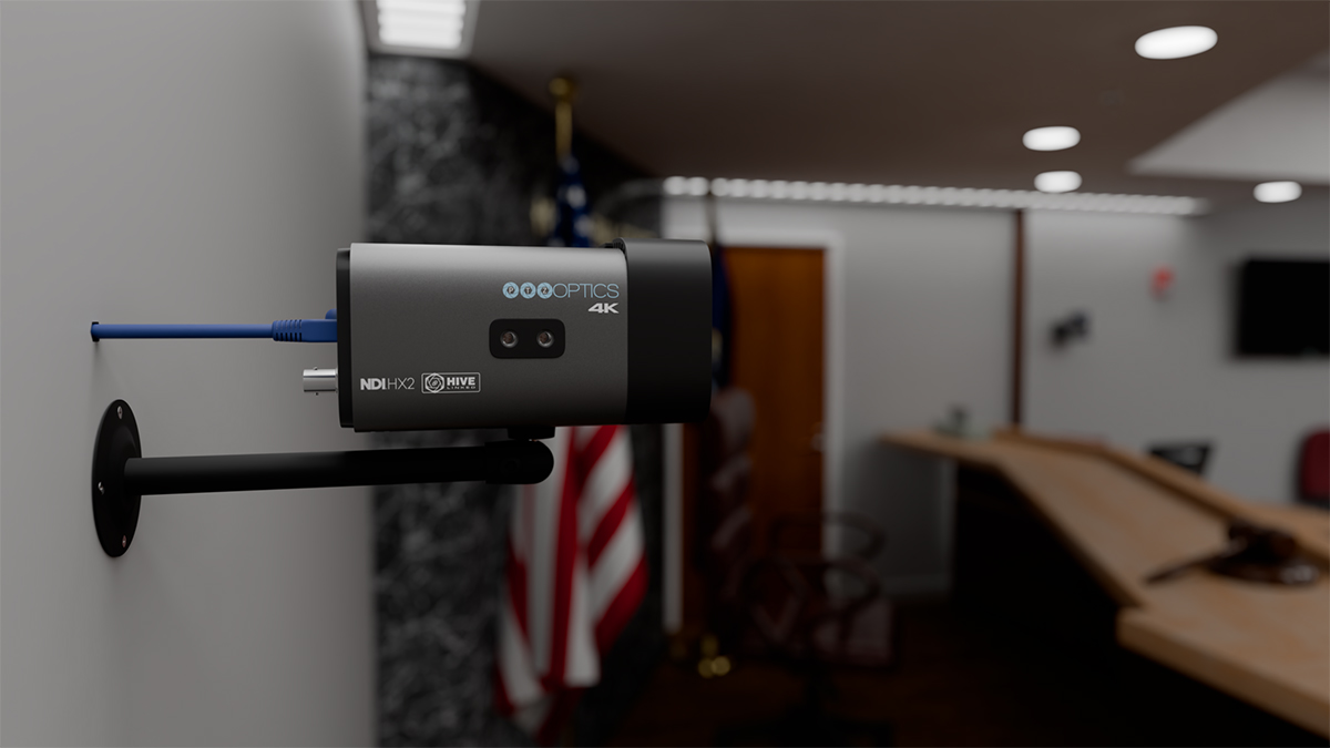 Close-up of wall-mounted Studio 4K camera in courtroom